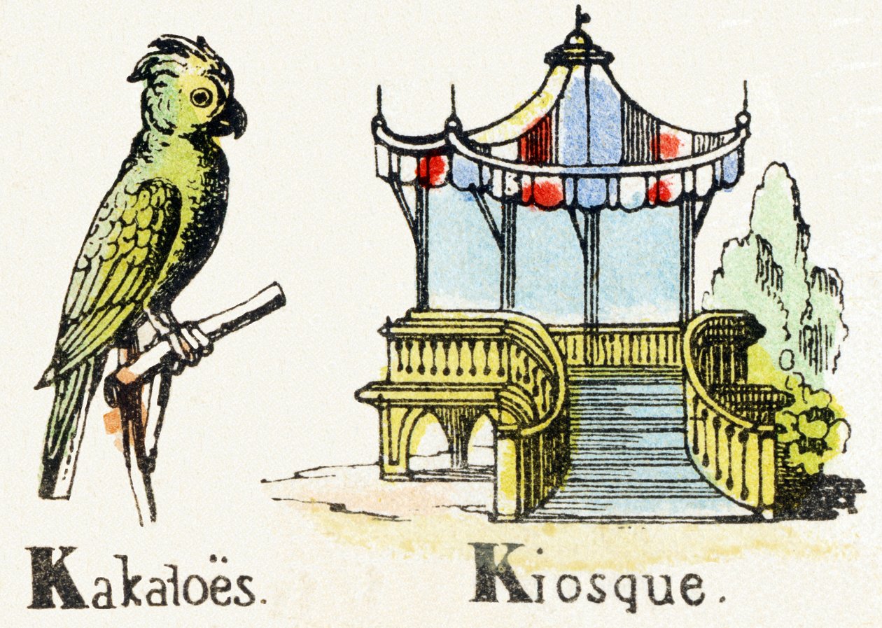 K - Kakatoes Kiosque - Child Entertainment Alphabet c.1890 (litografie) od Unbekannt