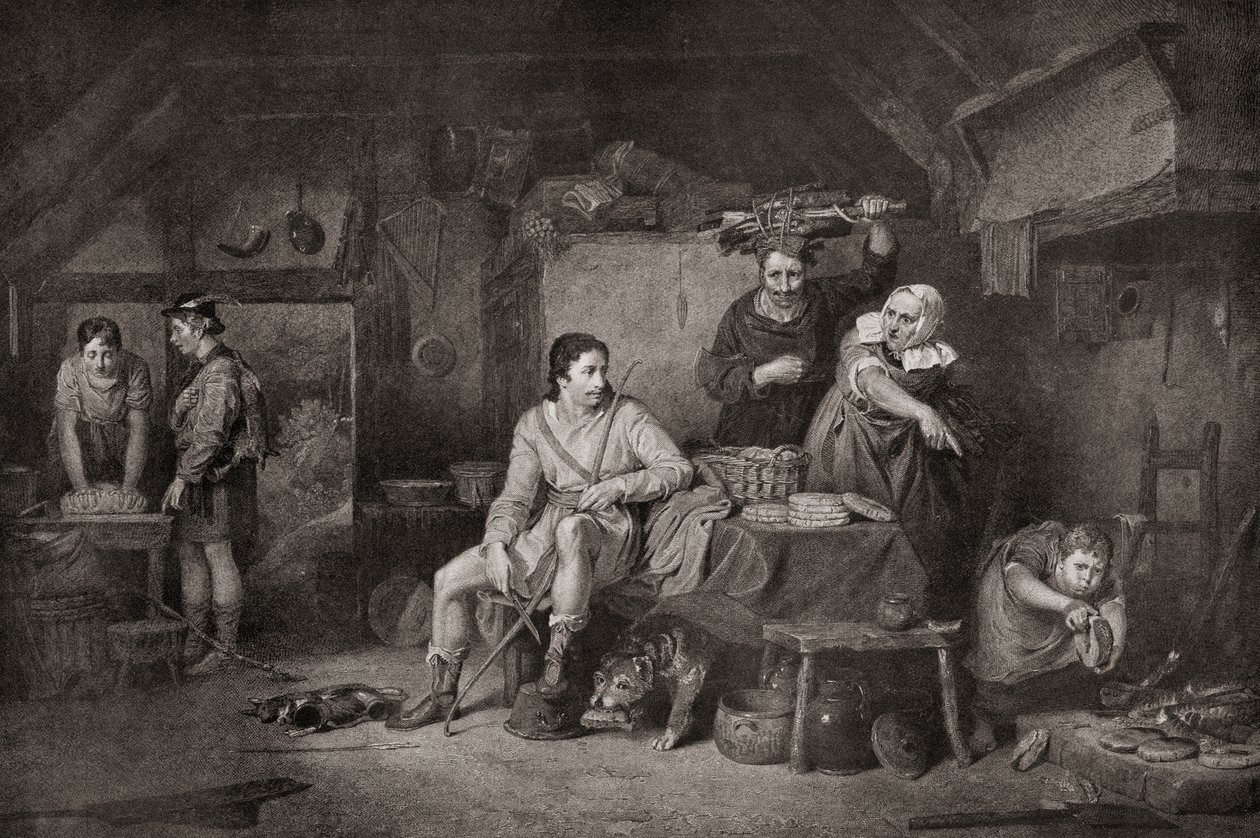 Král Alfréd v chalupě Neatherdů. Alfréd Veliký, asi 848 899. Král Wessexu . legenda vypráví, že když Alfréd uprchl na Somersetské pláně, poskytla mu přístřeší rolnice, která, aniž by věděla o jeho totožnosti, ho nechala hlídat koláče, které měla od Unbekannter Künstler