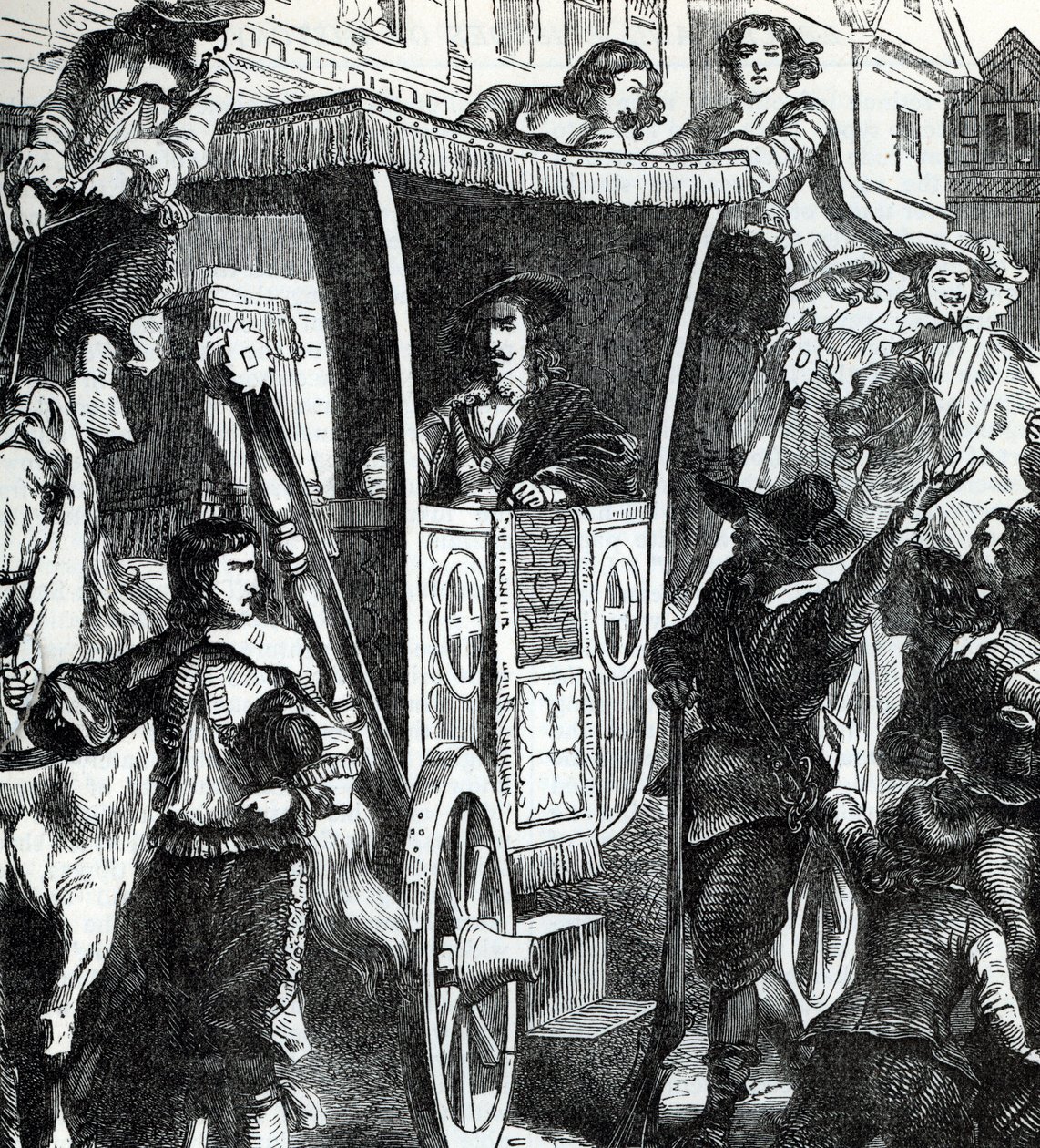 Král Karel I. po neúspěšném pokusu o zatčení pěti poslanců Johna Pyma, Johna Hampdena, Denzila Hollese, Williama Stroda a Arthura Haselriga 4. ledna 1642. 19. století (rytina z knihy "Dějiny světa") od Unbekannter Künstler