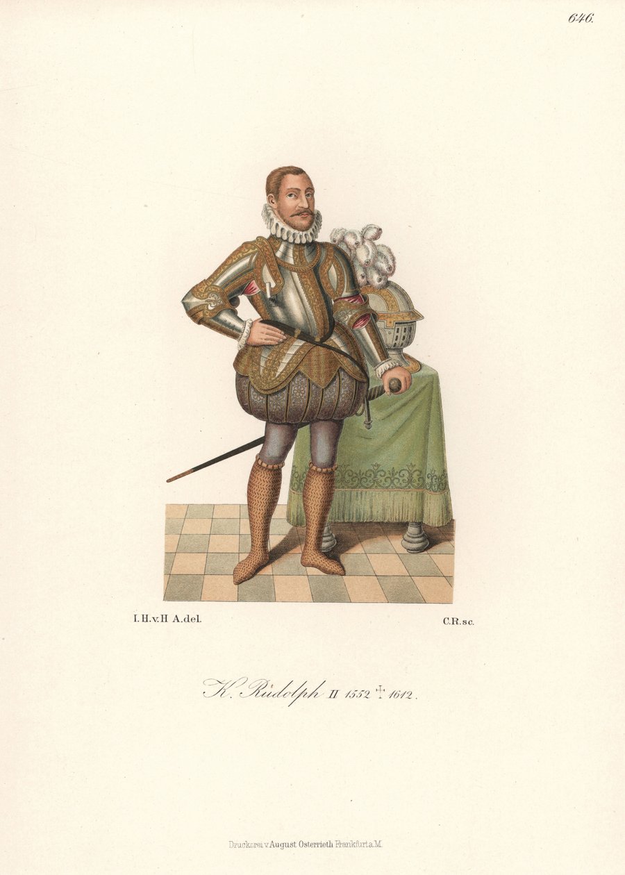 Král Rudolf II., císař Svaté říše římské, český král, rakouský arcivévoda (1552-1612). V krajkovém krunýři, plátové zbroji zdobené zlatem, prořezávaných vycpávaných punčochách a řetízkových ponožkách. Chromolitografie z knihy Hefner-Alteneck