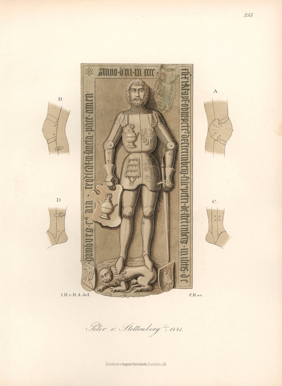 Rytíř ve zbroji z 15. století, s detaily vazeb na kolenou a loktech - Náhrobek Petera von Stettenberg, zemřelého 1441 - Chromolitografie, kresba Jakoba Heinricha von Hefner-Alteneck (1811-1903), pro jeho knihu "Kroje, řemesla a nástroje". od Unbekannter Künstler