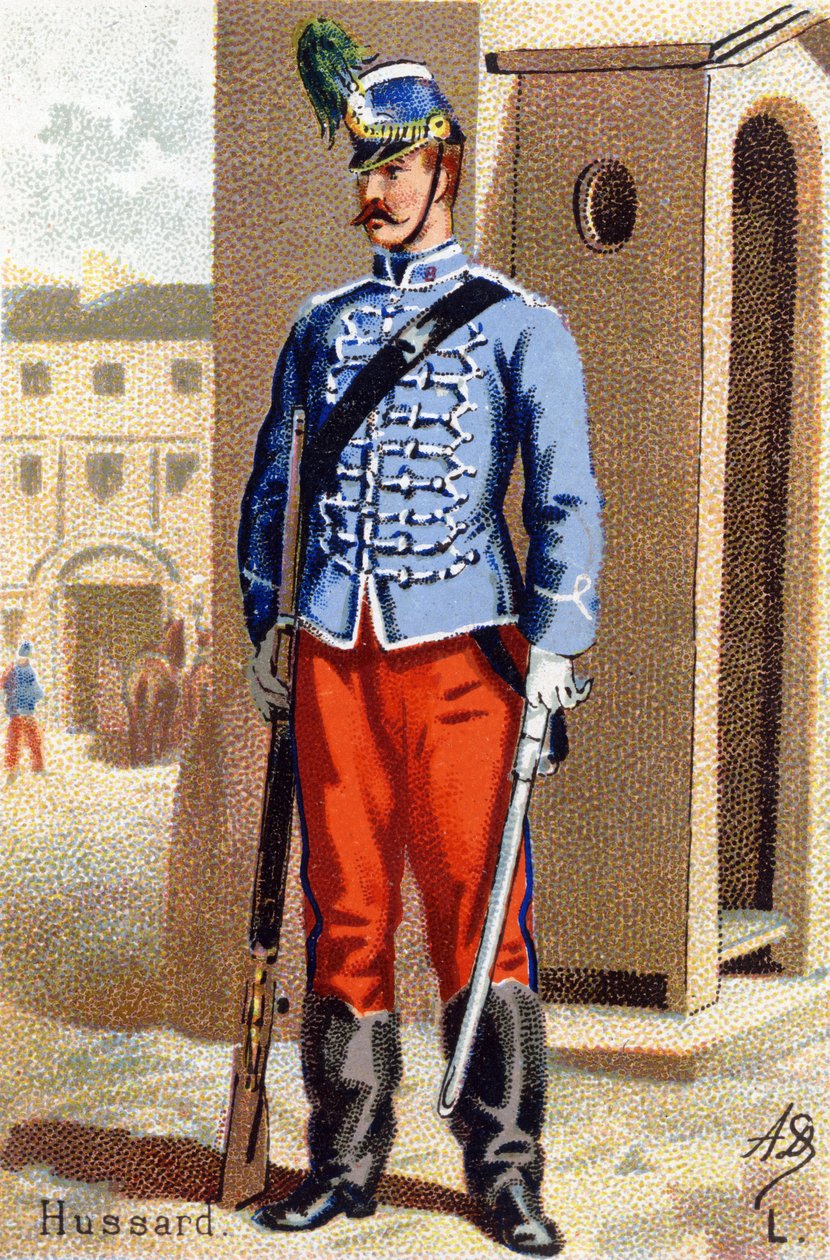 L: Hussard. Rytina ve "vojenské abecedě" . Iniciály ilustrátora: A. D. Neznámý vydavatel. Chromolitografie konce 19. století. Rozměr: 10,5 x 7 cm. od Unbekannt