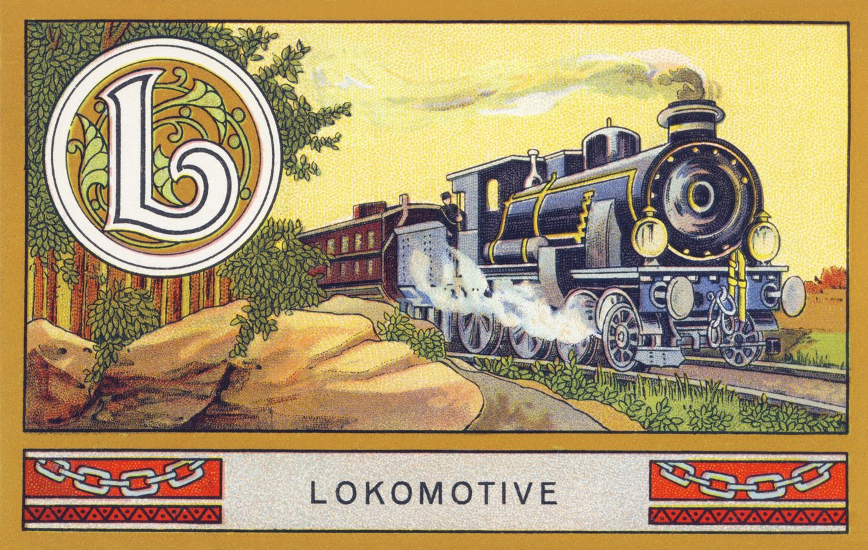 L: Lokomotiva - Abeceda Palmin. Řada chromolitografií vydaná H. Schlinck & Cie, Hamburg, s. d. . Reklama na Palmin feinstes Cocosfett. Rozměry: 7 x 11 cm od Unbekannt