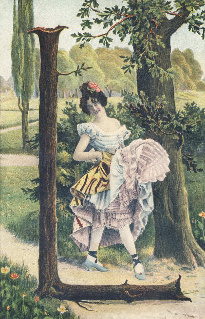 L: Žena s květinami ve vlasech zvedne spodničky, aby načrtla taneční krok. Venkovský dekor - abecední znaky Ref Th. E., L. Theochrom - Serie 994. Theodor Eisman, vydavatel, Lipsko od Unbekannt
