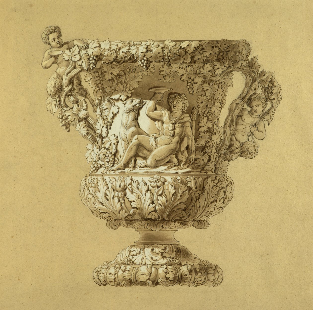 Velký džbán vína. Sépiová kresba akvarelem od Charlese Nicolase Odiota (Charles-Nicolas Odiot (1789-1868), cca 1834. od Unbekannt