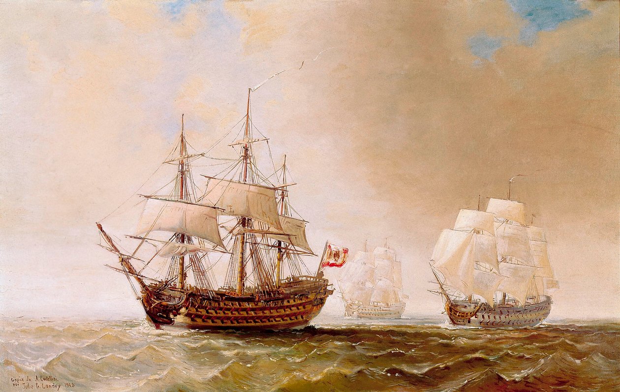 Španělská loď San Hermenegildo v bitvě u Trafalgaru 21. října 1805: francouzsko-španělská flotila pod velením admirála Villeneuva se postavila proti britské flotile, které velel viceadmirál Nelson. Anonymní obraz z 19. století od Unbekannter Künstler