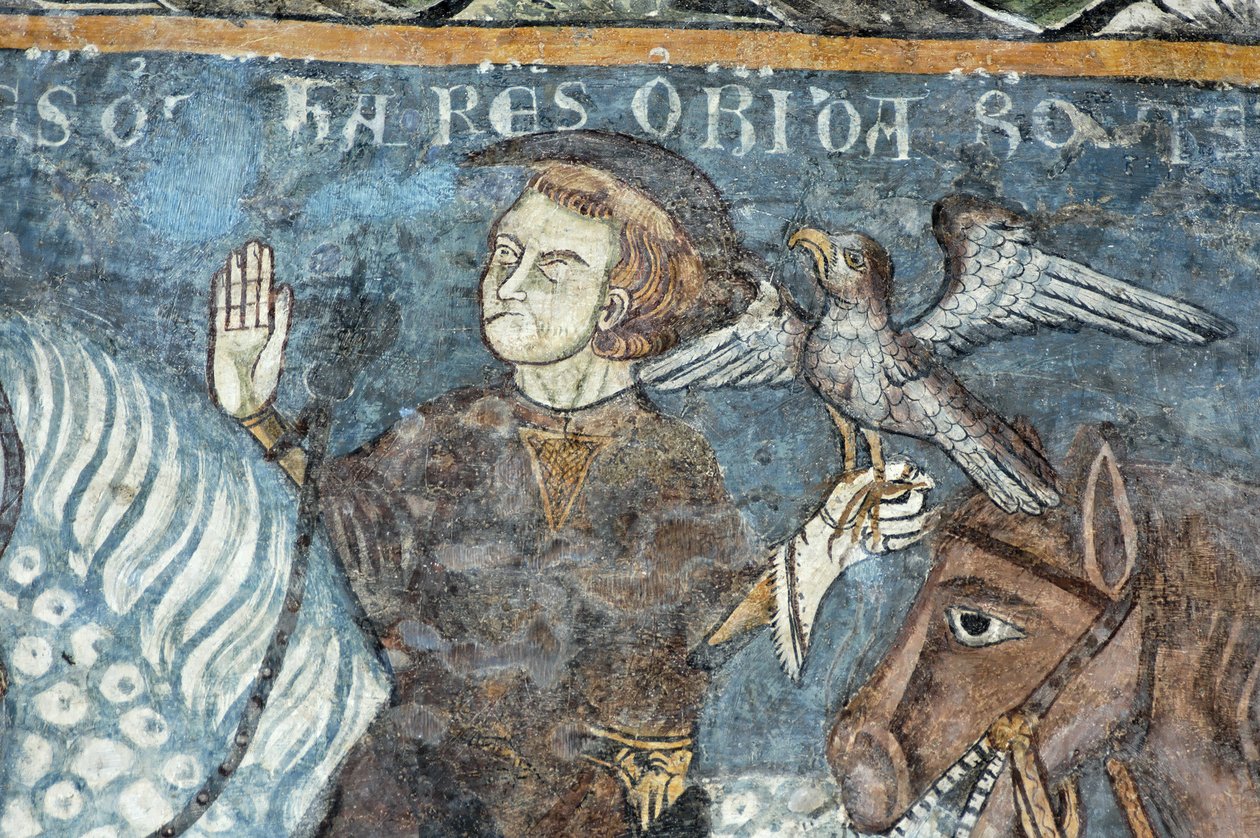 Legenda o založení opatství Vezzolano: Král Karel Veliký (Karel I. Veliký) (742-814) lovil sokola. Údajně má původ ve stavbě opatství. Freska kláštera opatství Vezzolano. Piemont, Itálie. od Unbekannt