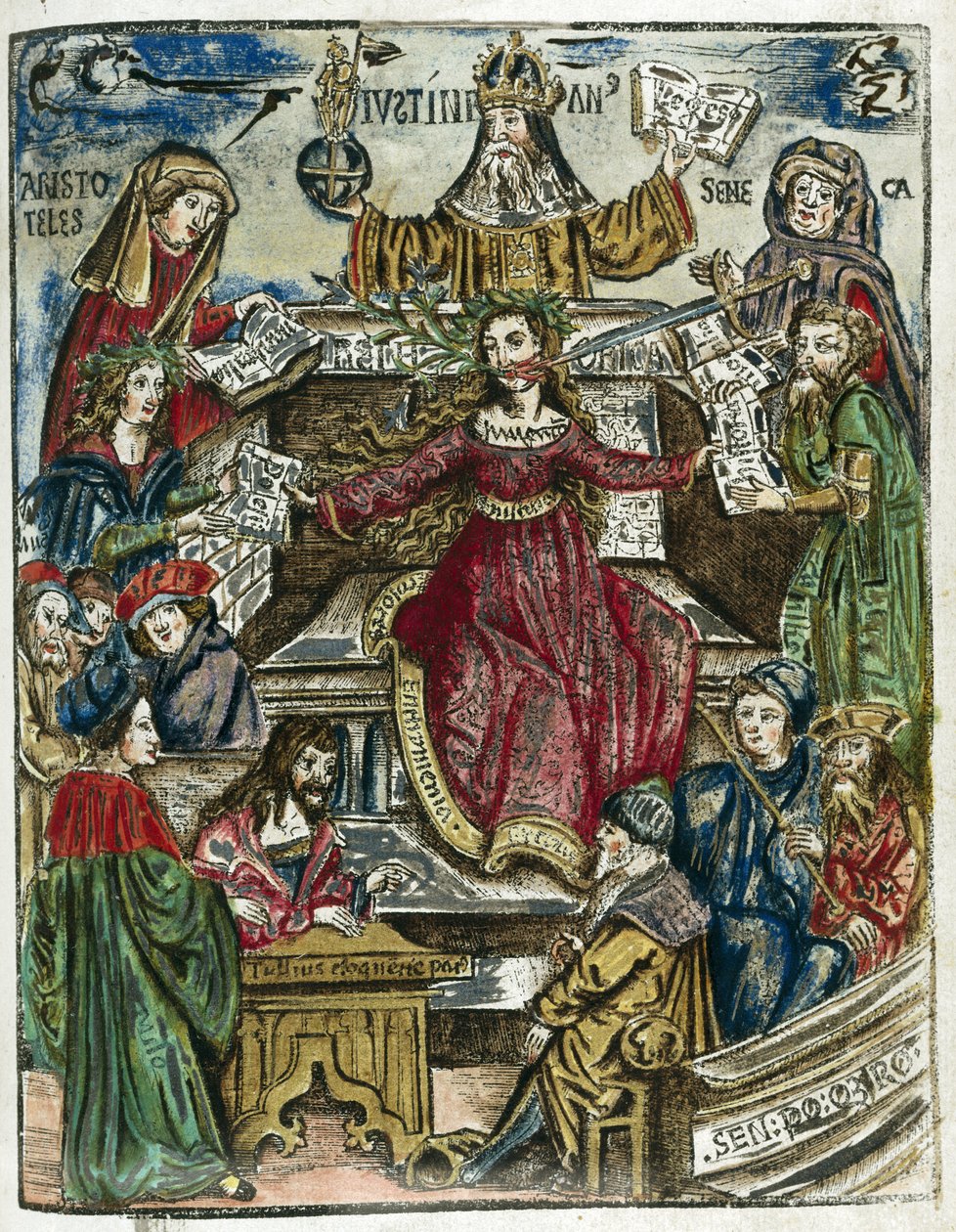 Odvětví vědění 16. století: každá zastoupena různými osobnostmi: nahoře Aristoteles (384–322 př. n. l.) pro filozofii a Seneca (Lucius Annaeus Seneca, 4 př. n. l. – 65) pro morálku od Unbekannt