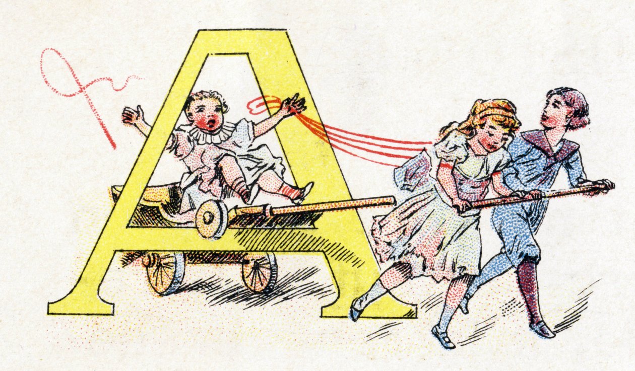 Písmeno A: Hitch Fun. Abeceda fosfátu Falieres . Rytina. Brevete abeceda S.G.D.G. od lékárníka Pierre Emile Falieres . Ilustrace v chromolitografii, konec 19. století. 16 stran. Rozměr: 103 x 154 mm od Unbekannt