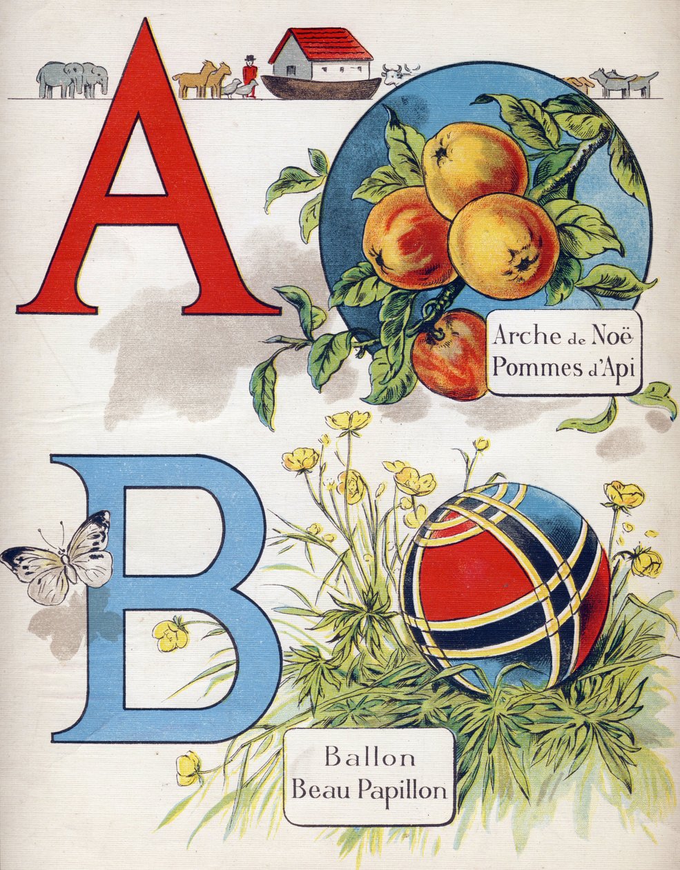 Písmeno A a B: Noeova archa, jablko Apy, balón a krásný motýl. Rytina v "ABC L