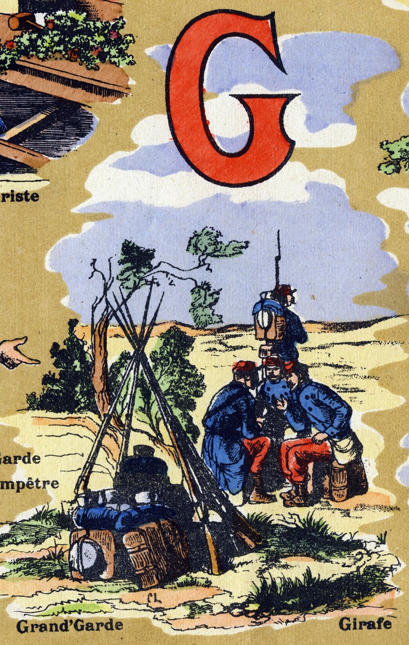 Písmeno G jako velký strážce armády. Iphabet ilustruje. Snímky se znovu spojily v Jarville-Nancy na začátku 20. století. Rozměr: 40 x 29 cm. Litografie na bistre pozadí od Unbekannt