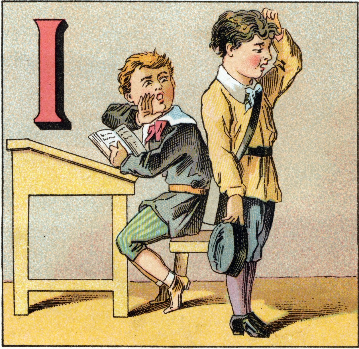 Písmeno I jako neznalost. Student se ptá, jak zapomněl přednášku, a opakuje, co fouká jeden z jeho kamarádů. Rytina v "Alphabet des petits ecoliers". Imaging of Epinal, circa 1885. Privee Collection od Unbekannt