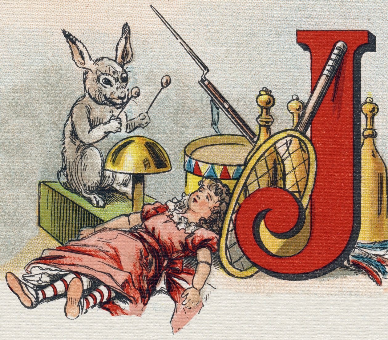 Písmeno J: hračky. Rytina "Alphabet de ma petite fille". Bernardin-Bechet a Fils, knihkupci-nakladatelé, Paříž, kolem roku 1895. Nerozbitné album na plátně. Bibliotheque des Bebes. 12 stran. Album obsahující metodu čtení a názornou abecedu od Unbekannt