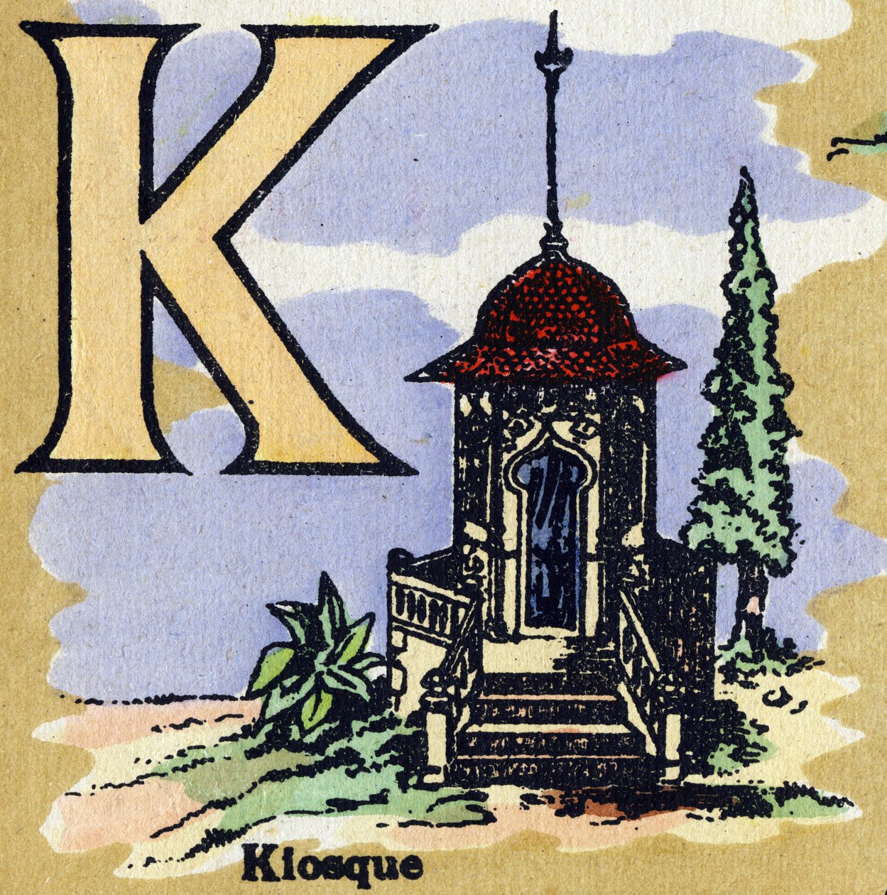 Písmeno K jako kiosk. Ilustrovaná abeceda. Snímky se znovu spojily v Jarville-Nancy na začátku 20. století. Rozměr: 40 x 29 cm. Litografie na bistre pozadí od Unbekannt