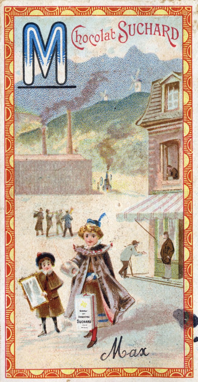 Písmeno M: hora, zrcadlo, stroj, manufaktura, kabát, žebrák, mlýn. Rytina abecedy v úpravě Chocolat Suchard, počátek 20. století. 24 chromolitografií představujících místa, postavy a předměty, které mají být na snímku objeveny. Ztlumit: od Unbekannt