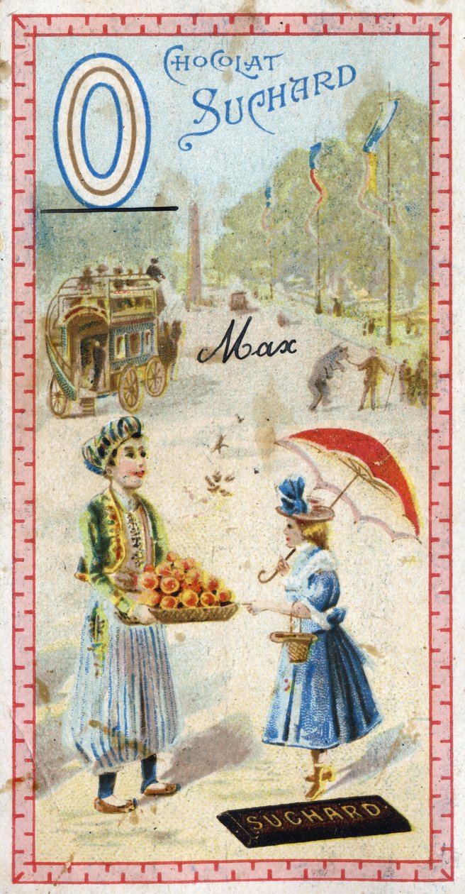 Písmeno O: omnibus, otoman, deštník, oriflame, pomeranč, obelisque, medvěd. Rytina abecedy v úpravě Chocolat Suchard, počátek 20. století. 24 chromolitografií představujících místa, postavy a předměty, které mají být na snímku objeveny. Di od Unbekannt