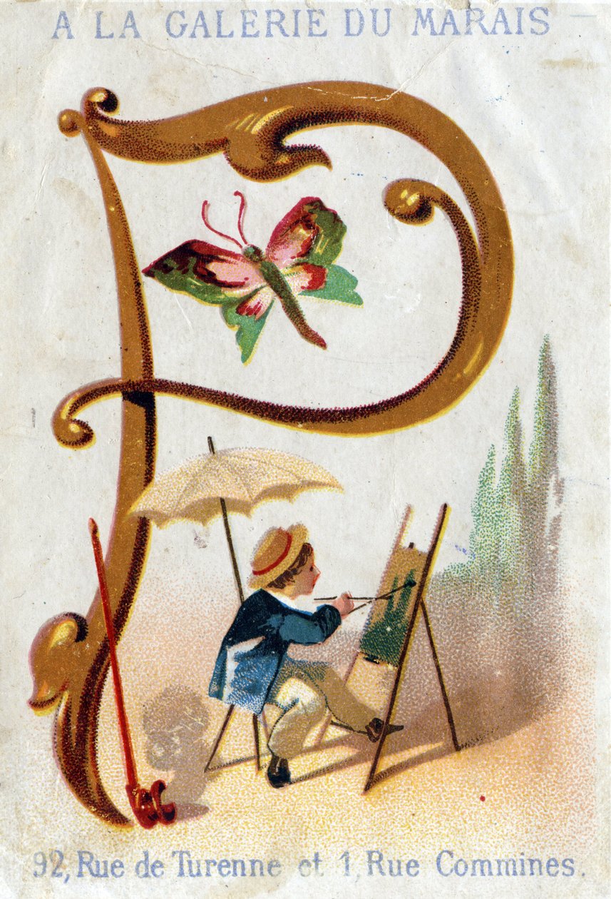 Písmeno P: malíř, motýl, slunečník, dýmka. Alphabet Art Nouveau: Série 25 reklamních chromolitografů. Litografie Alfreda Clareyho, konec 19. století. Rozměr 115 x 75 mm od Unbekannter Künstler