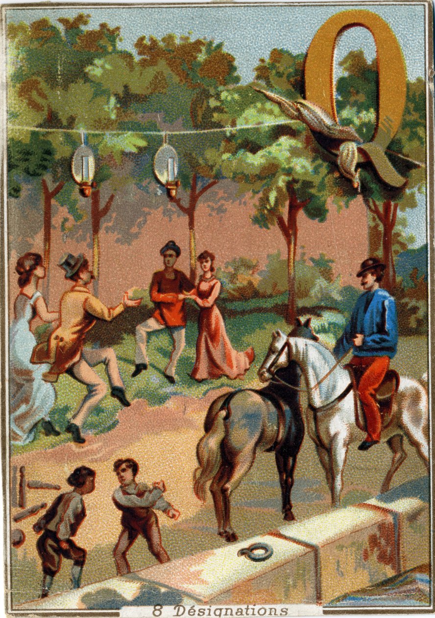Písmeno Q: quadrille; hádka; kuželky; orobinec; quinquets; čtyři; přístaviště. Abeceda . Na každém obrázku je řada slavných slov, jejichž reprezentace jsou inscenovány. Chromolitografie pařížské litografie, kolem roku 1890. Rozměr: 10,7x7,5cm. od Unbekannt