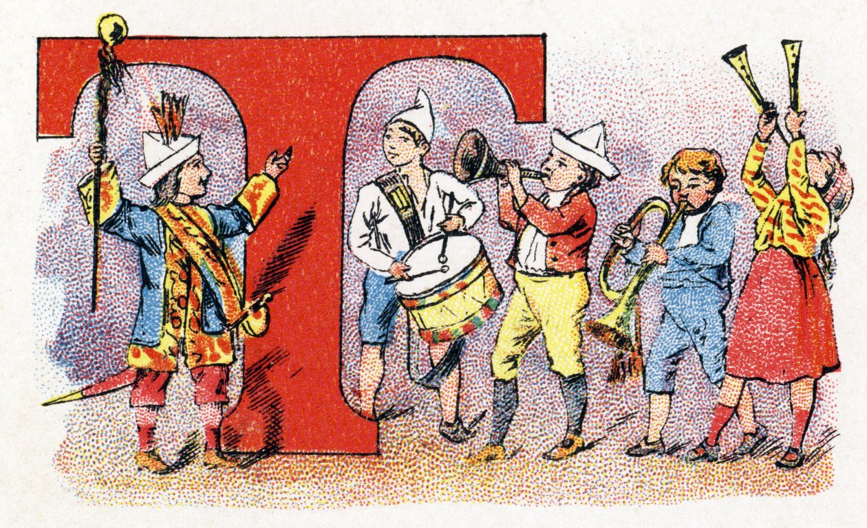 Písmeno T: Trumpet Drum. Abeceda fosfátu Falieres . Rytina. Brevete abeceda S.G.D.G. od lékárníka Pierre Emile Falieres . Ilustrace v chromolitografii, konec 19. století. 16 stran. Rozměr: 103 x 154 mm od Unbekannt