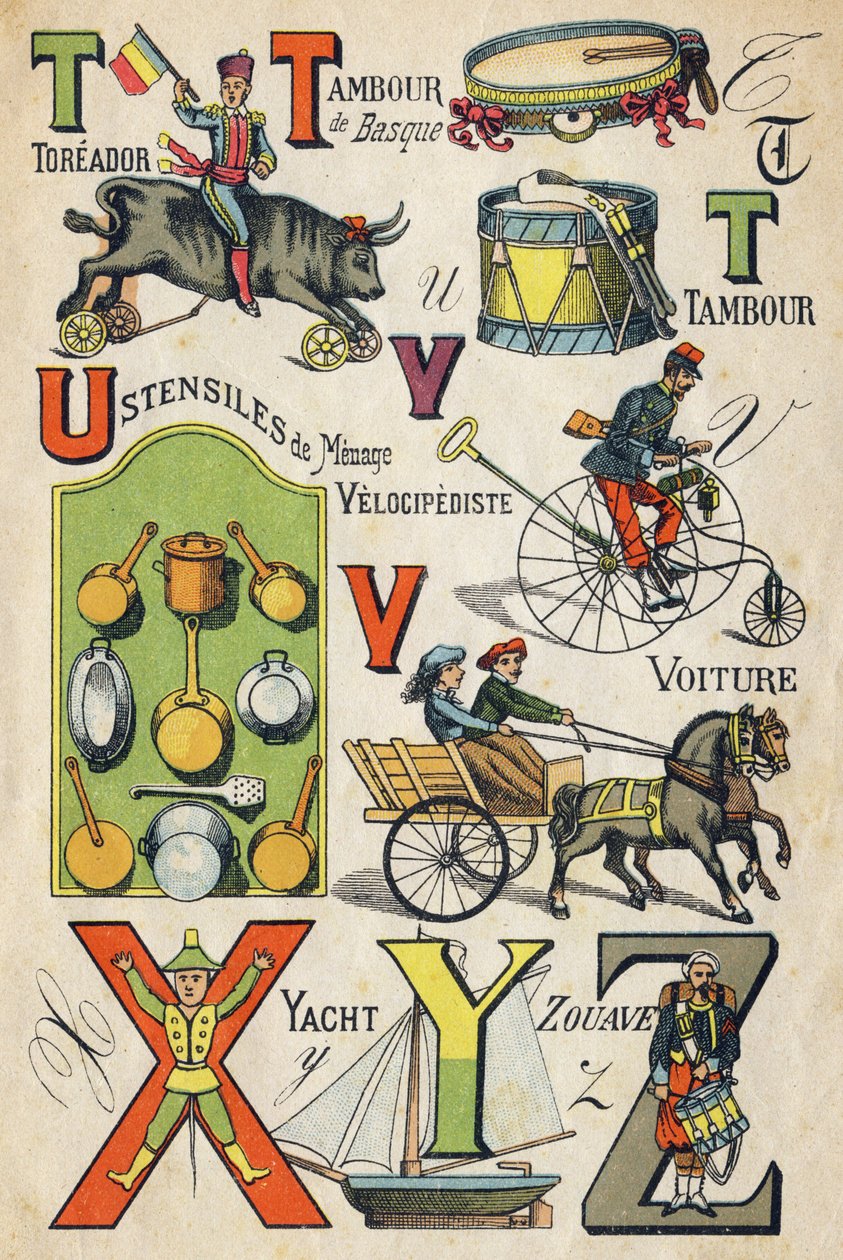 Písmeno T, U, V, X, Y a Z. Gravírování v "ABC Toys". Epinal imaging in chromolitography, circa 1890. Malá brožurka o 8 stranách. Rozměr: 195x135mm, určeno pro příjem reklamy ve 4. obálce. Používá se doma, nabízí slavnou abecedu a sm od Unbekannt