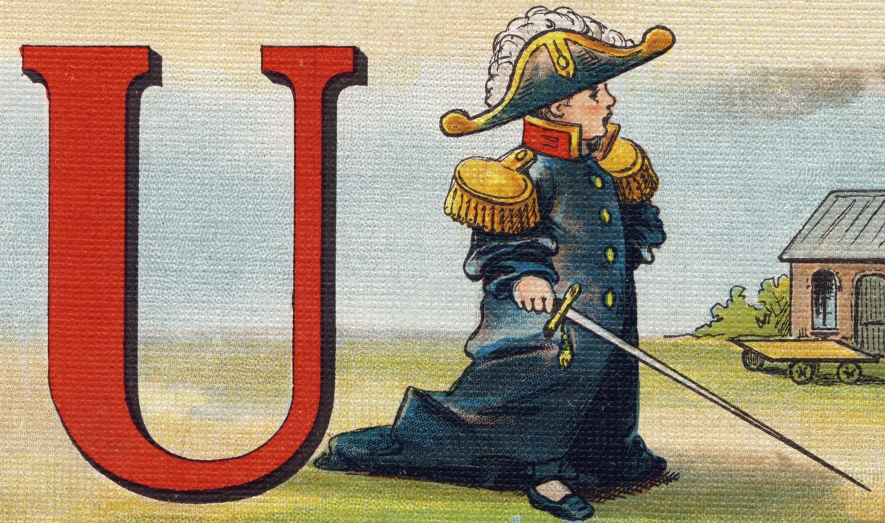 Písmeno U: uniforma. Rytina "Alphabet de ma petite fille". Bernardin-Bechet a Fils, knihkupci-nakladatelé, Paříž, kolem roku 1895. Nerozbitné album na plátně. Bibliotheque des Bebes. 12 stran. Album obsahující metodu čtení a názornou abecedu od Unbekannt