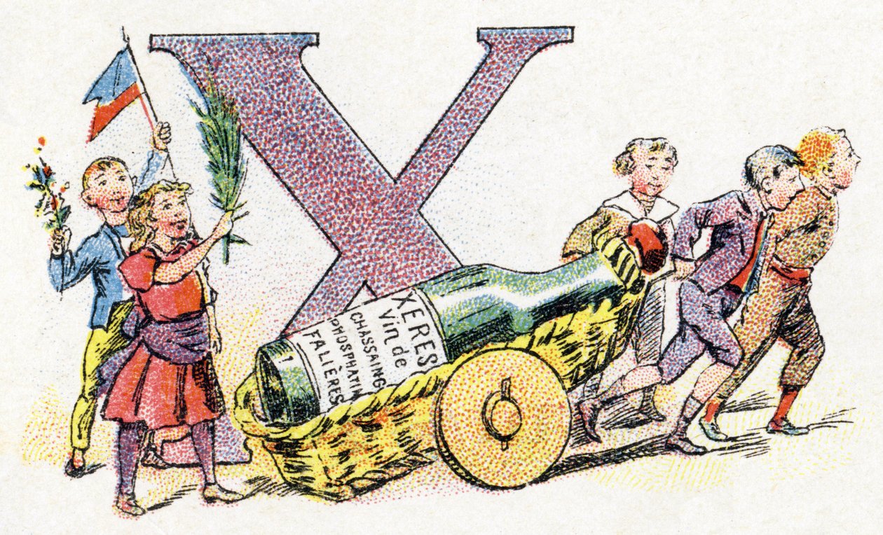 Písmeno X: Xeres. Abeceda fosfátu Falieres . Rytina. Brevete abeceda S.G.D.G. od lékárníka Pierre Emile Falieres . Ilustrace v chromolitografii, konec 19. století. 16 stran. Rozměr: 103 x 154 mm od Unbekannt