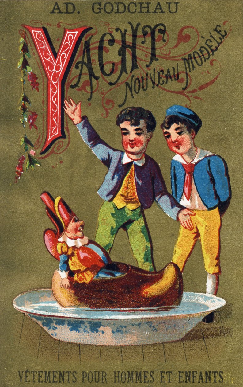 Písmeno Y: Nový model jachty. Rytina v "Alphabet des grotesques"". Série 25 reklamních chromolitografií na dore pozadí, konec 19. století. Rozměr: 11 x 7 cm od Unbekannt