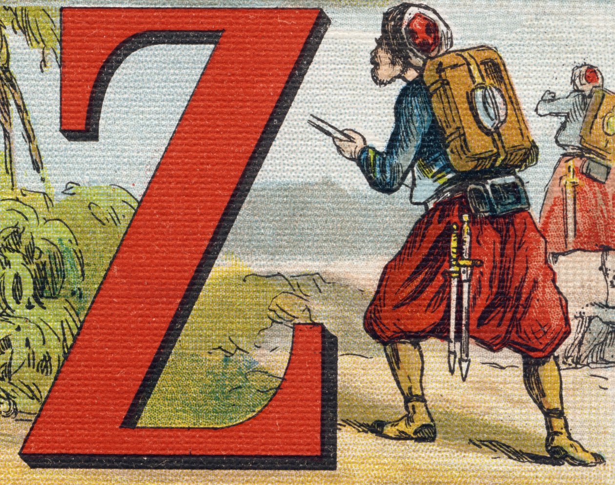 Písmeno Z: Zouave. Rytina "Alphabet de ma petite fille". Bernardin-Bechet a Fils, knihkupci-nakladatelé, Paříž, kolem roku 1895. Nerozbitné album na plátně. Bibliotheque des Bebes. 12 stran. Album obsahující metodu čtení a názornou abecedu od Unbekannt