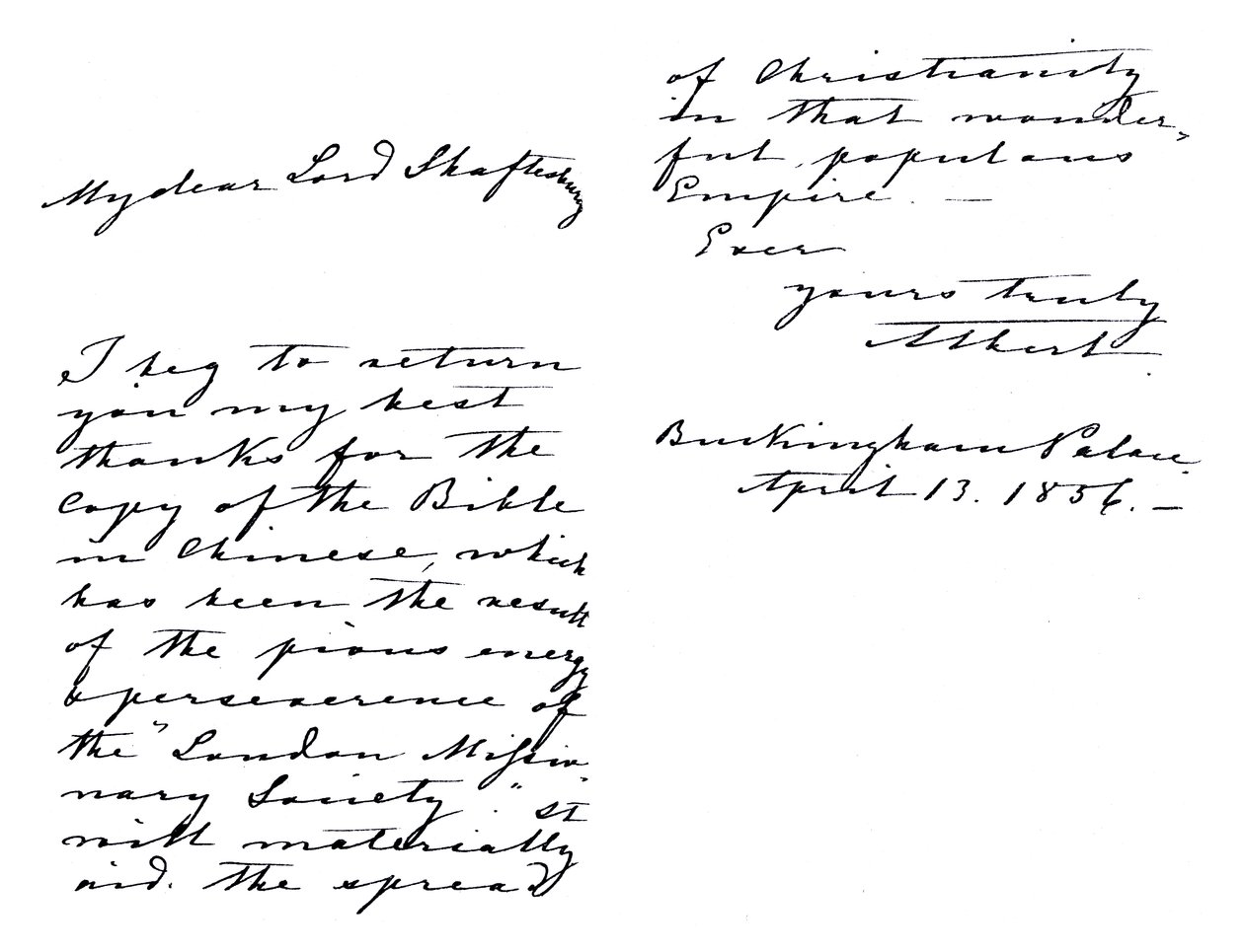 Dopis Alberta, prince Consorta, Anthonymu Ashley-Cooperovi, hraběti ze Shaftesbury, děkuje mu za výtisk Bible v čínštině, napsaný z Buckinghamského paláce od Unbekannt