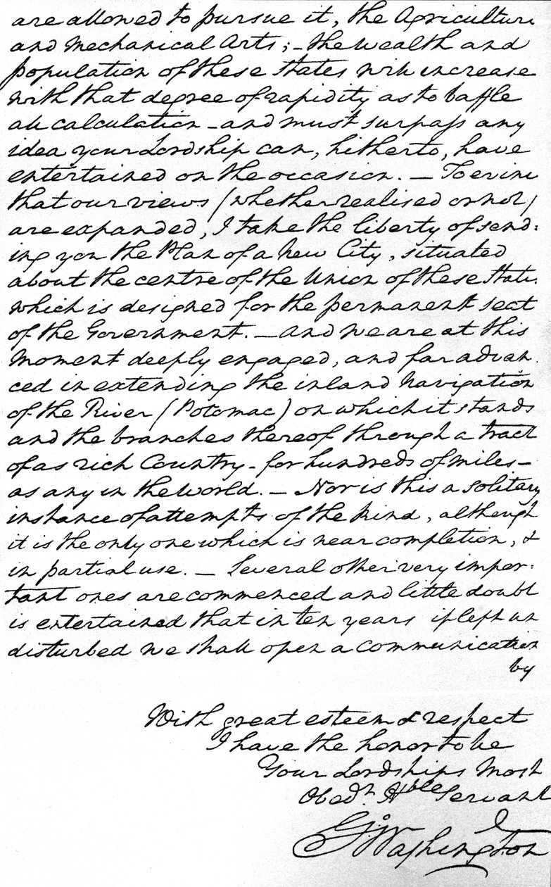 Dopis George Washingtona hraběti z Buchanu, který uvádí zásady pro budoucí americkou zahraniční politiku, včetně míru, všeobecného přátelství a vyhýbání se zapojení do evropské politiky a také zasílá plány na výstavbu nového hlavního města od Unbekannt