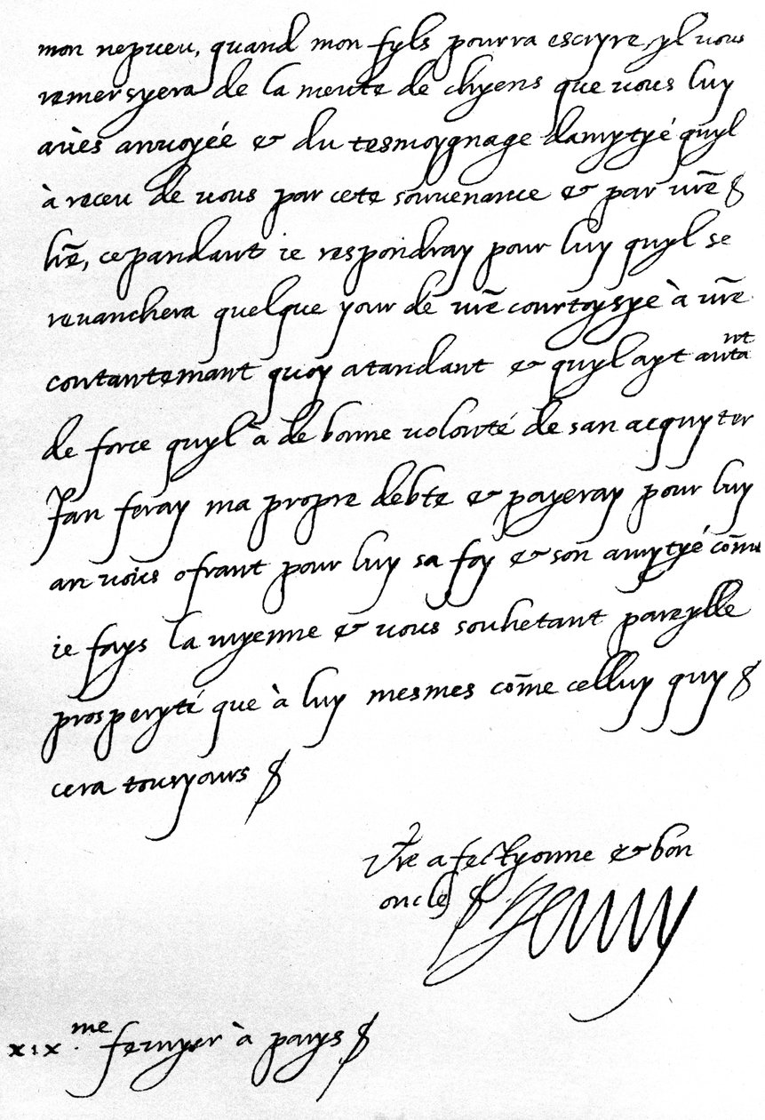 Dopis francouzského krále Jindřicha IV. Jindřichovi, princi z Walesu, s poděkováním za dar smečky psů pro jeho syna, dauphina, který je příliš mladý na to, aby mohl psát osobně, napsaný v Paříži od Unbekannt