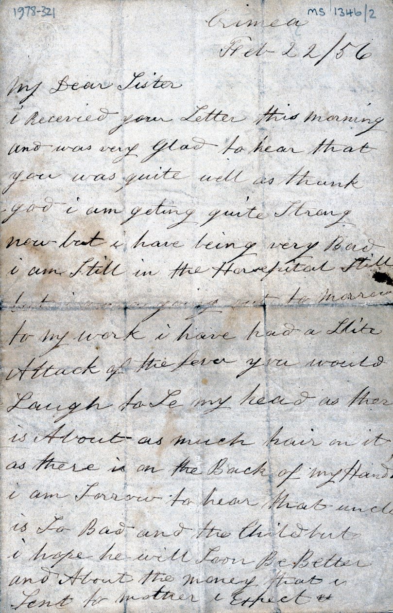 Dopis vojáka z Krymu jeho sestře, 22. února 1856 od Unbekannt
