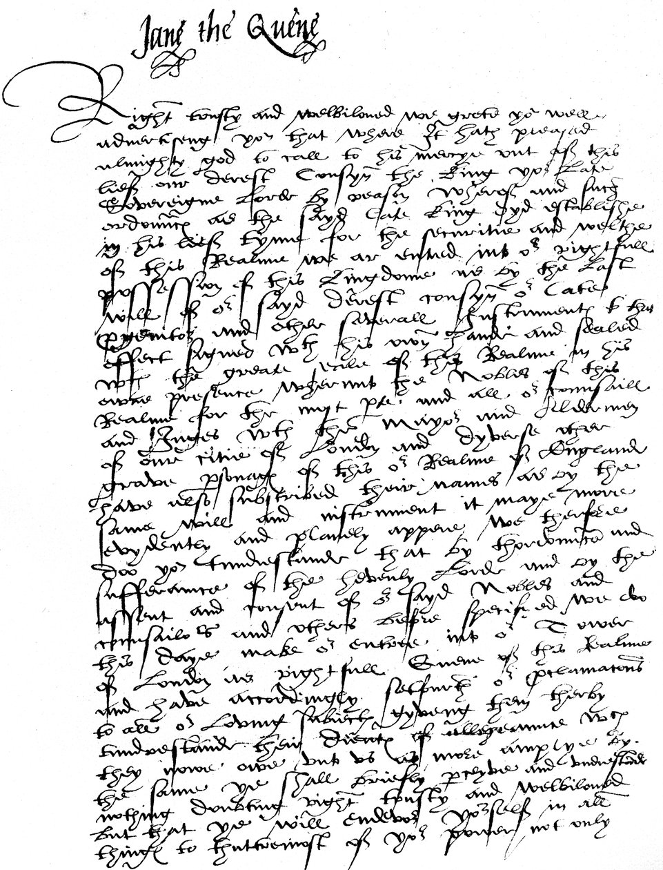 Dopis podepsaný lady Jane Greyovou Williamu Parrovi, markýzi z Northamptonu, oznamující její nástup do funkce královny a požadující jeho věrnost a pomoc proti Lady Mary, ‚bastardové dceři našeho prastrýce Henryho Theighta slavného památníku‘, napsaný f od Unbekannt