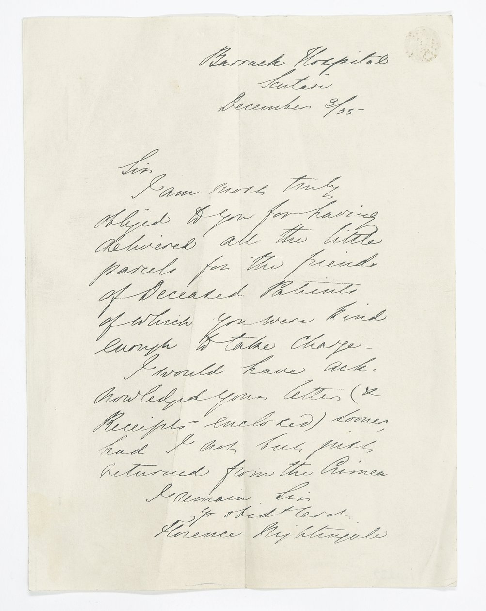 Dopis napsaný Florence Nightingale, když byla v Barrack Hospital, Scutari (inkoust na papíře) od Unbekannt