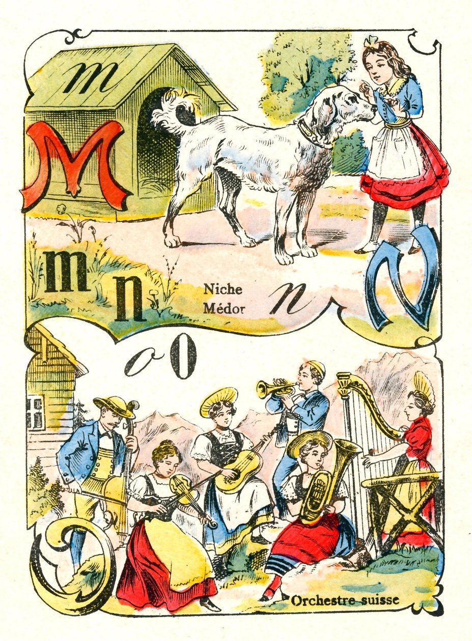 Písmena M N a O jako Medor, Niche a Swiss Orchestra. Gravírování v "Zábavné abecedě". Zobrazování Pont-a-Moussona. Tisk a vydavatelství Louis Vagne, konec 19. století od Unbekannt