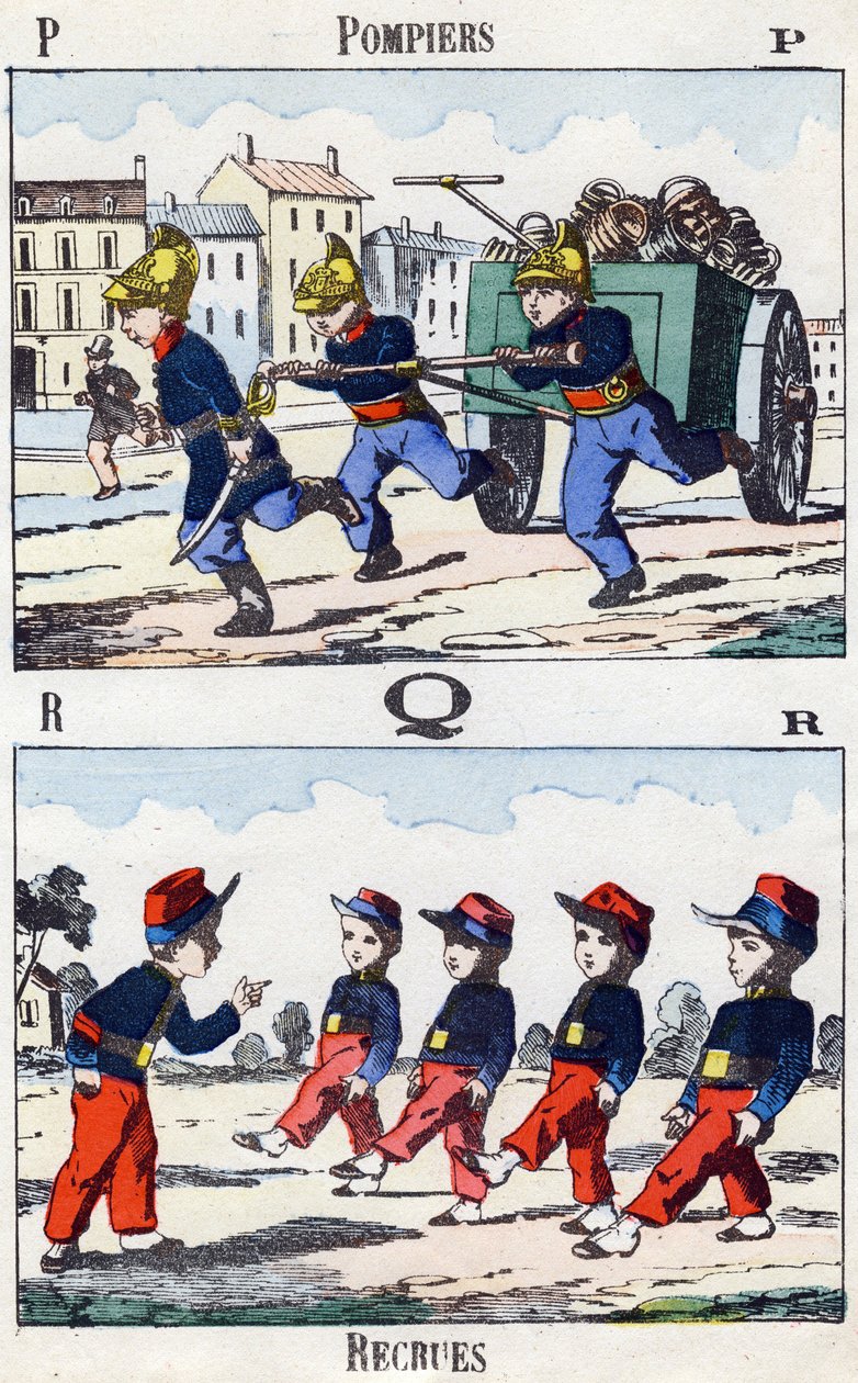 Písmena P Q R: Hasiči a rekruti. Rytina v "Alphabet militaire enfantin"". Snímky Pont-a-Mousson, cca 1890. 20 stran. Rozměr: 28,5 x 21 cm od Unbekannt