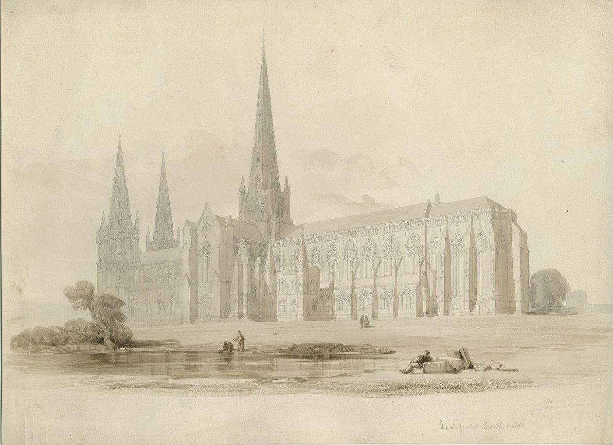 Katedrála Lichfield – South East View: drawing and wash, nd [?19. století] od Unbekannt