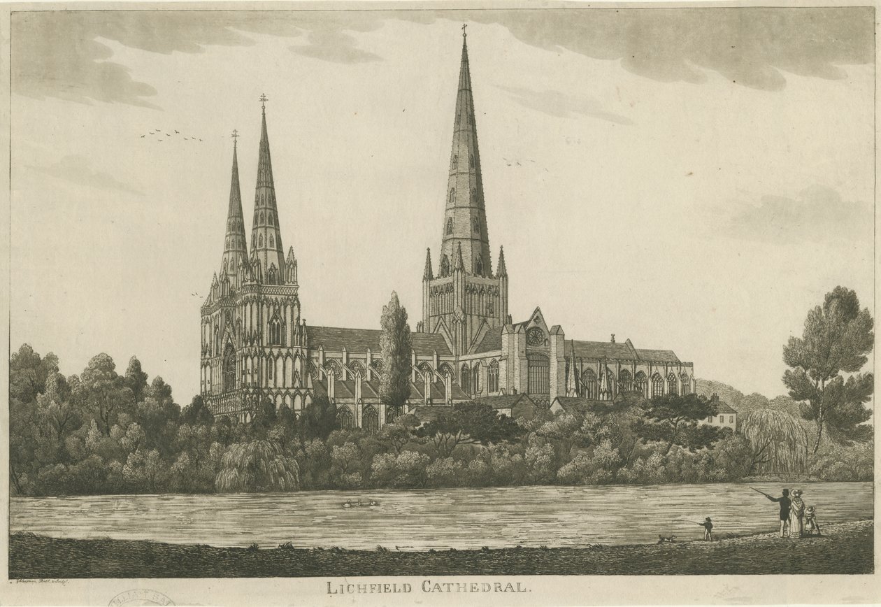 Katedrála Lichfield - South View: rytina akvatinty, nd [c 1820-1830] od Unbekannt