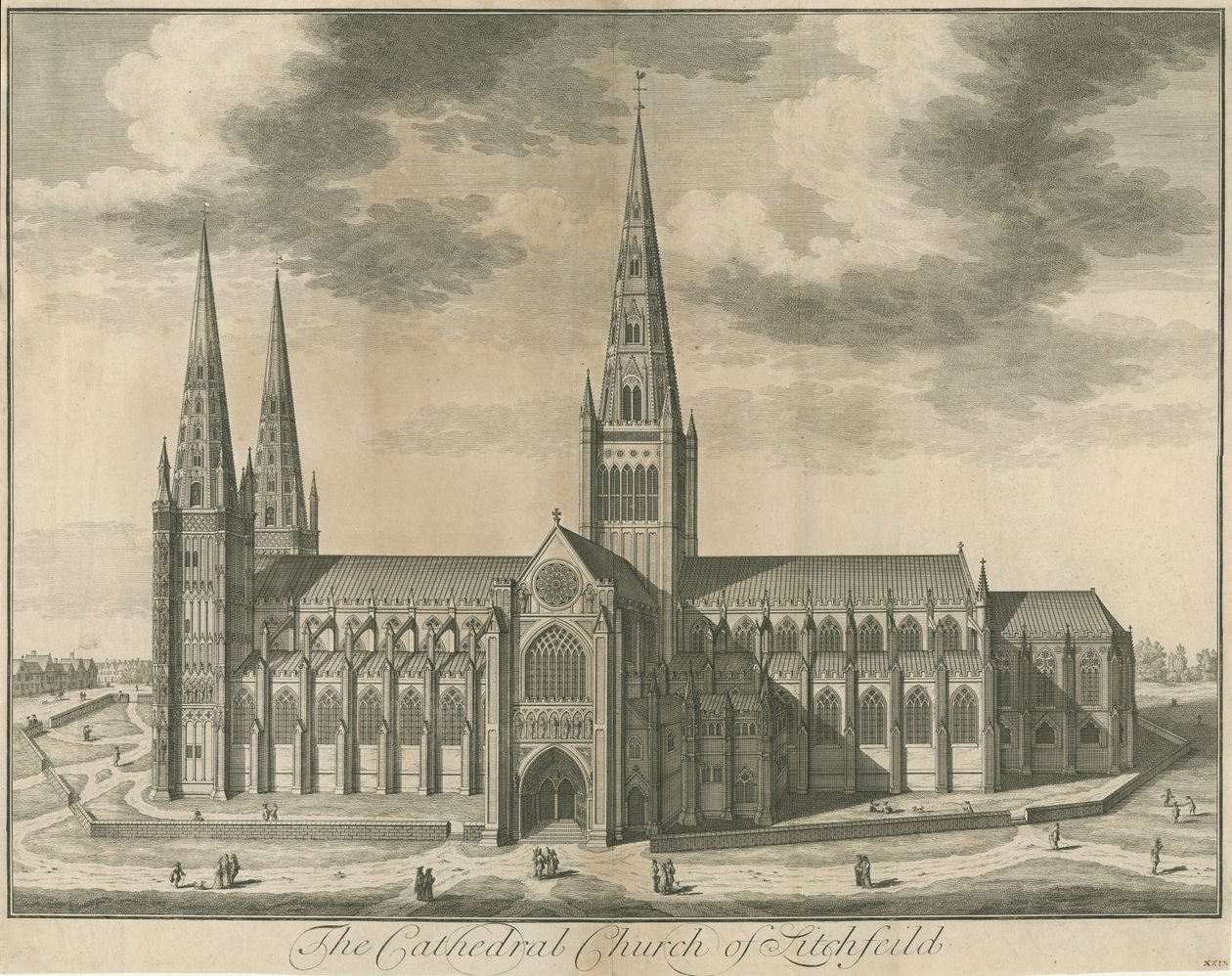 Katedrála Lichfield - South View: rytina, nd [c 1730] od Unbekannt