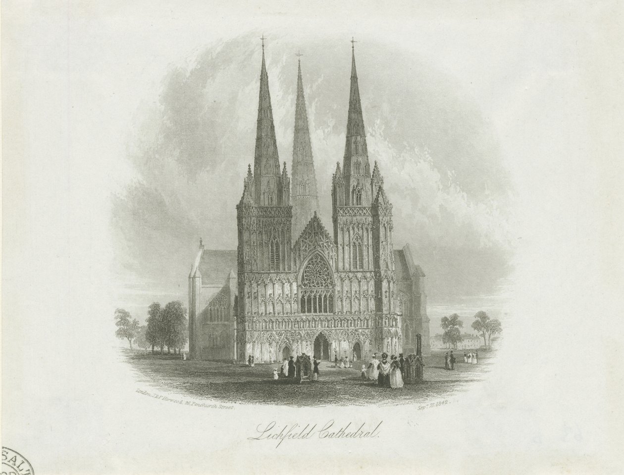 Katedrála Lichfield – západní fronta: ocelorytina, nd [c 1842] od Unbekannt