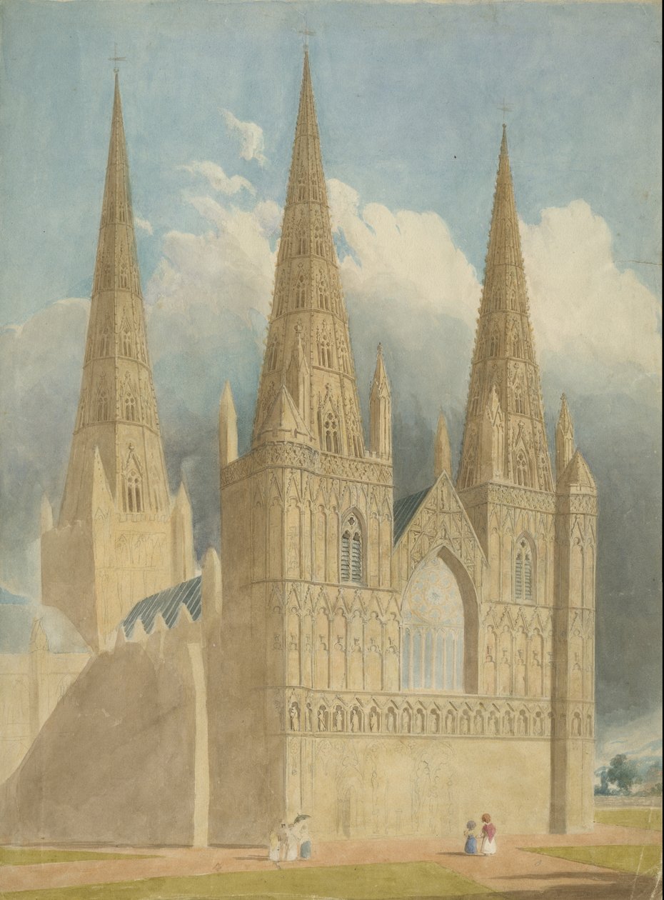 Katedrála Lichfield – západní fronta: malba akvarelem a [c 1840] od Unbekannt