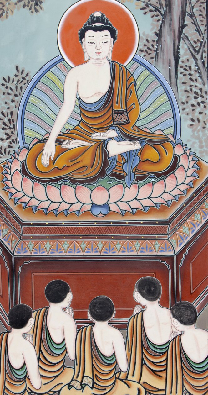 Život Buddhy Jako Buddha, probuzený, se vrátil, aby naučil svých pět spolupraktikujících vznešenou pravdu o neuspokojivosti, vznešenou pravdu o příčině (toužení), vznešenou pravdu o zastavení a vznešenou 8dílnou cestu vedoucí k zastavení od Unbekannt