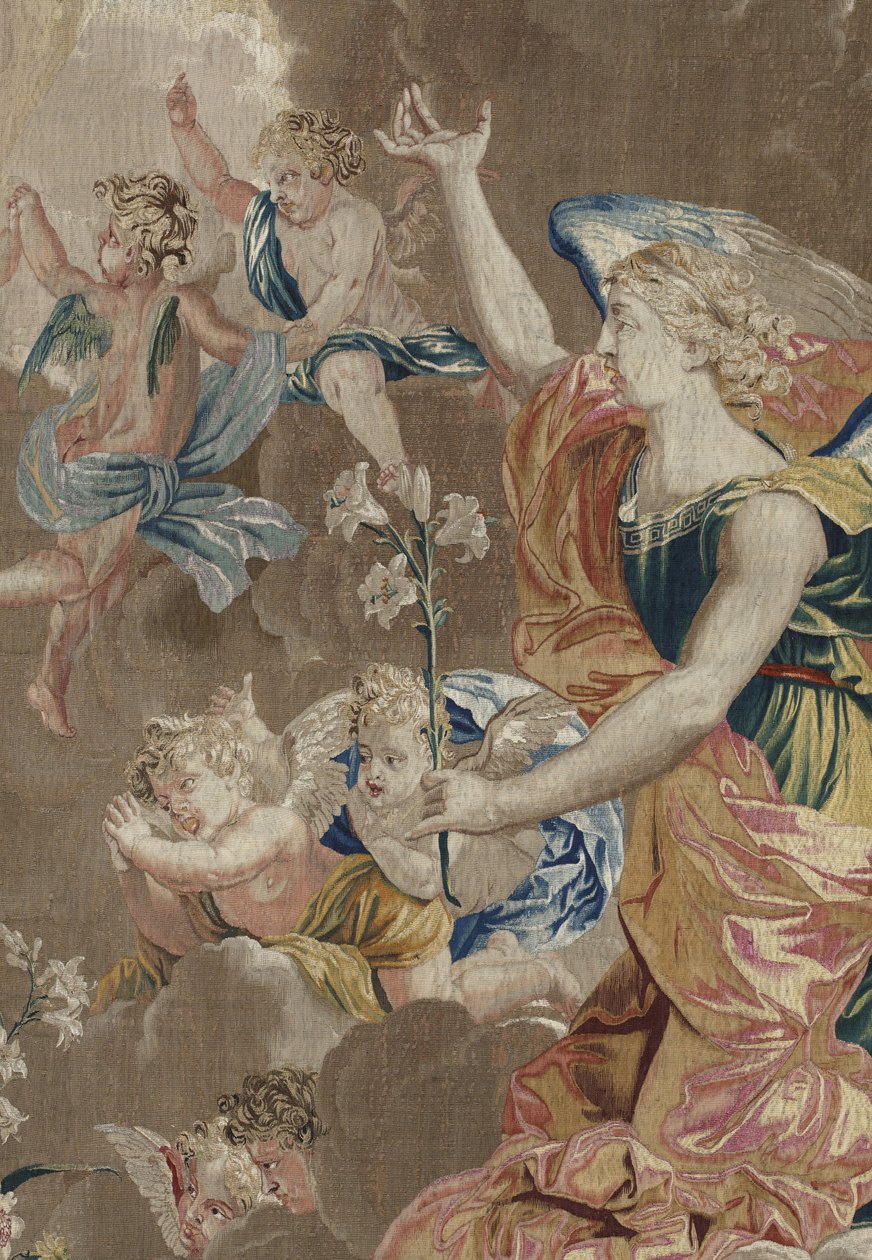 Life of the Virgin: "The Annunciation"" - Detail Tapiserie z vlny a hedvábí vyrobené v dílně Pierra Damoura podle kreseb Charlese Poersona (1609-1667) od William M. Timlin