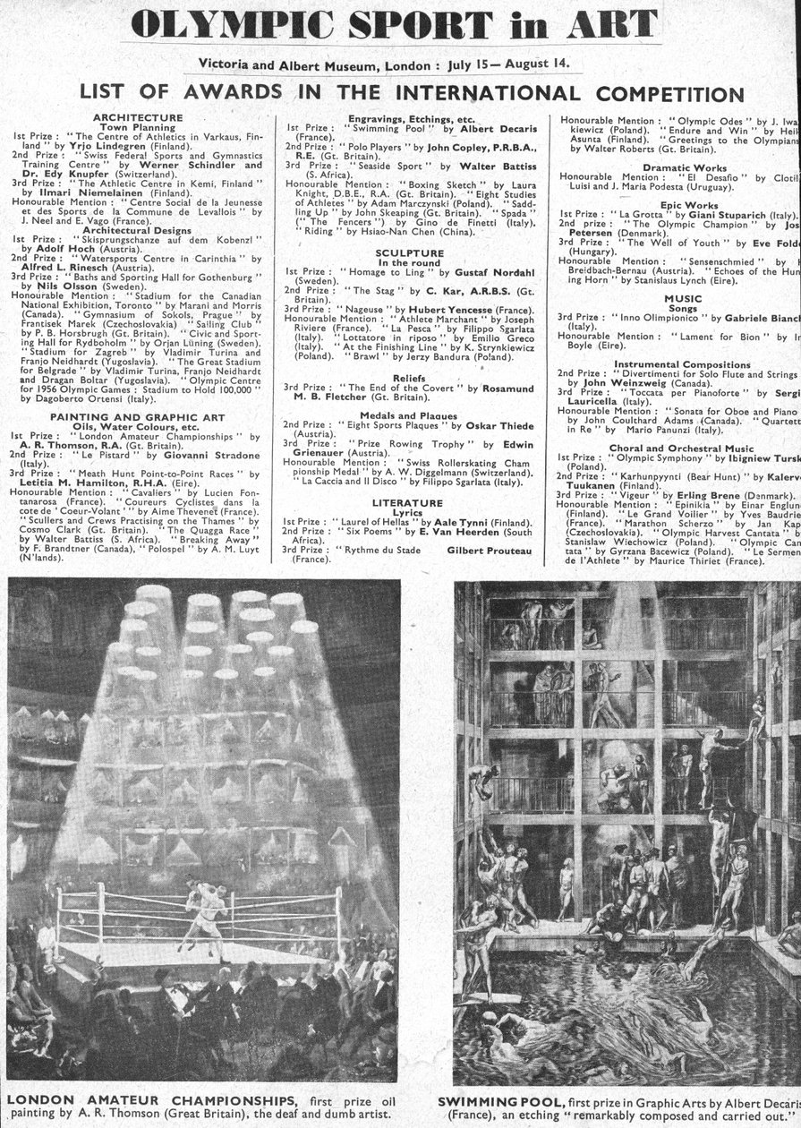 Seznam vítězů cen za architekturu, umění, sochařství, literaturu, drama a hudbu na olympijských hrách v Londýně 1948 (litho) od Unbekannt