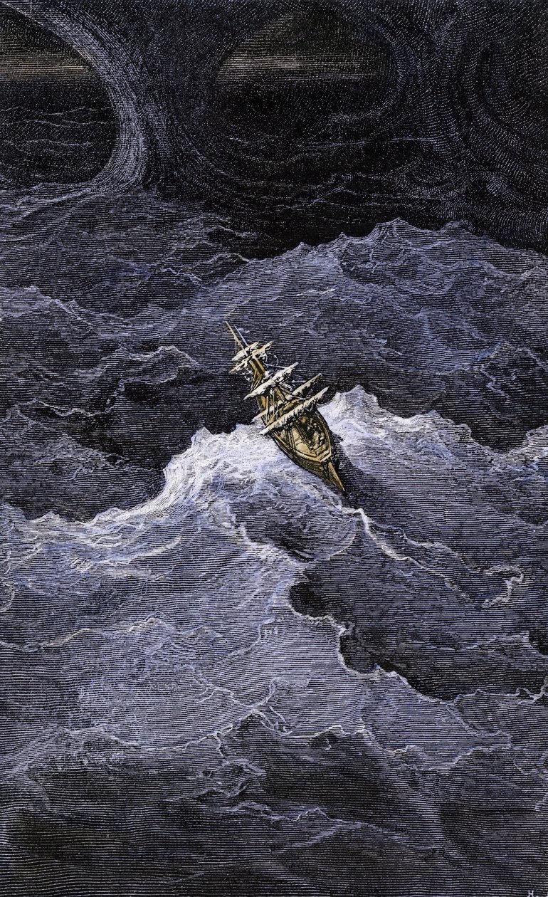 Literatura: Loď uprostřed moře. Ilustrace k románu Samuela Taylora Coleridge (1772-1834) "Rime of the Ancient Mariner". Barevná rytina podle ilustrace Gustava Doreho. od Unbekannter Künstler