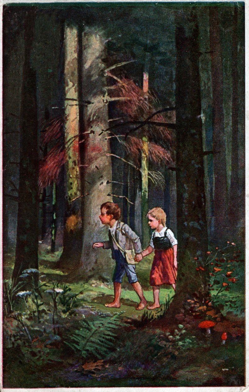 Literatura. Pohádky. Jeníček a Mařenka ztracení v lese. Ilustrace Otto Kubela k pohádce bratří Grimmů. Pohlednice, Německo, kolem roku 1900. od Unbekannter Künstler