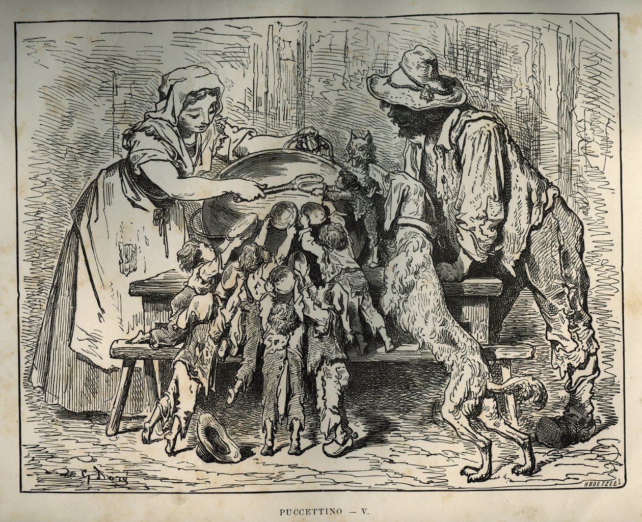 Malý Poulet a jeho hladoví bratři. Rytina od Gustava Dore (1832-1883) z „“Les contes““ od Charlese Perraulta (1628-1703) od Unbekannt