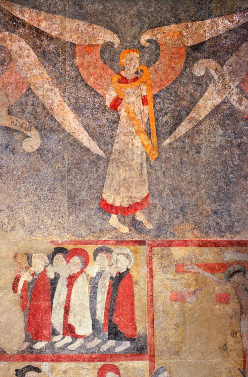 Loire Atlantique N* 080 - St-Sulpice des Landes - Eglise dit du “starý burg”” - nástěnné malby z 15. století - Anděl z trezoru hrající na “rebec”” (viola) od Unbekannt