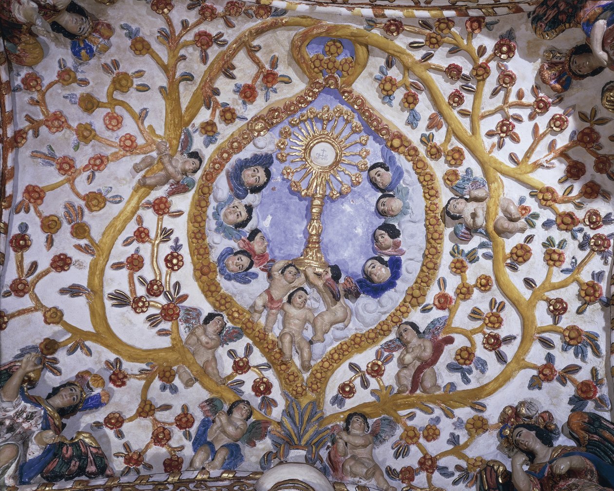 Nízký úhel pohledu na nástěnnou malbu na kopuli kostela, kostel Santo Domingo, Oaxaca, stát Oaxaca, Mexiko od Benjamin Baud