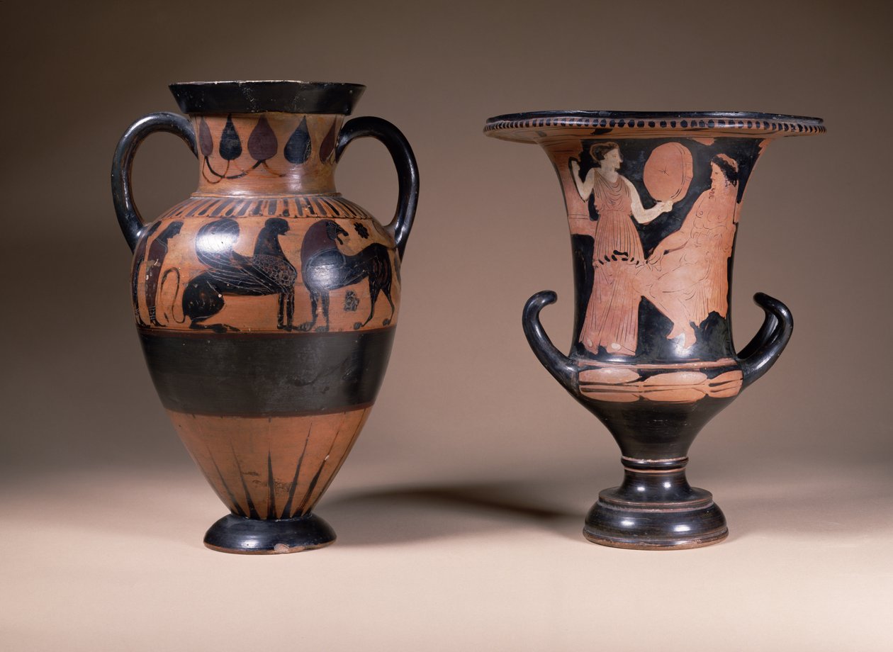 LtoR: orientalizační černofigurová amfora, řecká, 6. století př. n. l.; červenofigurový kalich-krater, Řecko, Jižní Itálie, 4. století př. n. l. (keramika) od Unbekannt